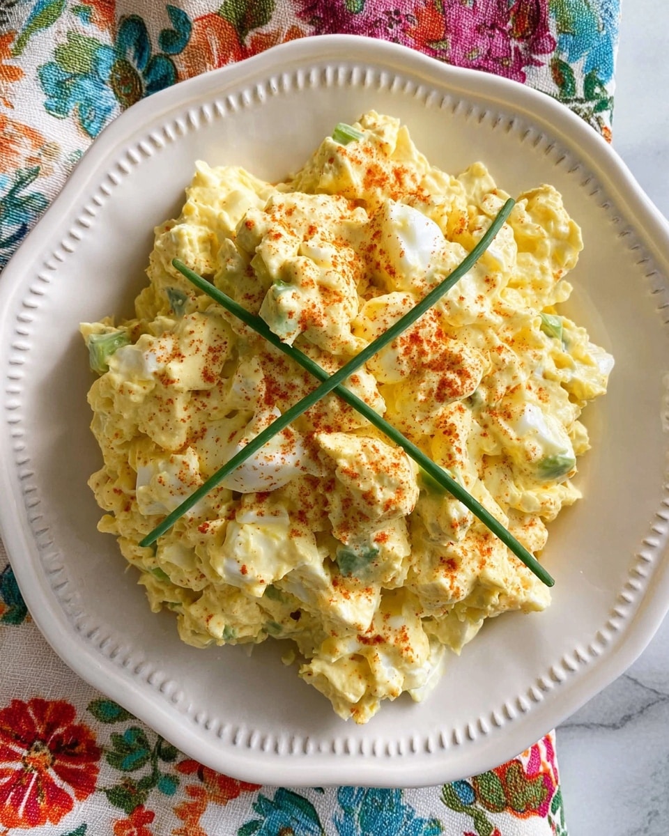 A close-up of a creamy yellow egg salad with visible chunks of chopped white egg whites and pale green bits of celery, all mixed smoothly with mayonnaise, served on a white ceramic plate with dotted and embossed edges; the salad is lightly sprinkled with paprika and topped with two thin green chive stalks crossed in the center, all placed on a white marbled surface with colorful floral and patterned fabric around the edges. photo taken with an iphone --ar 4:5 --v 7