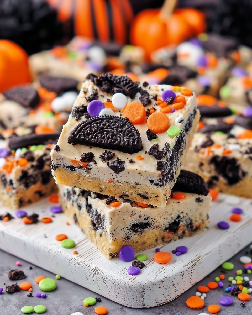 The image shows a stack of thick, square dessert bars with two main layers: a light-colored, creamy top layer and a darker, cookie-filled bottom layer. The top layer is decorated with chunks of black and orange sandwich cookies along with bright round sprinkles in orange, purple, green, white, and black scattered all over. The bars are placed on a white wooden board, set against a white marbled surface, with some sprinkles spread around the base. The background is blurry but suggests a Halloween theme with dark and orange decorations. photo taken with an iphone --ar 4:5 --v 7