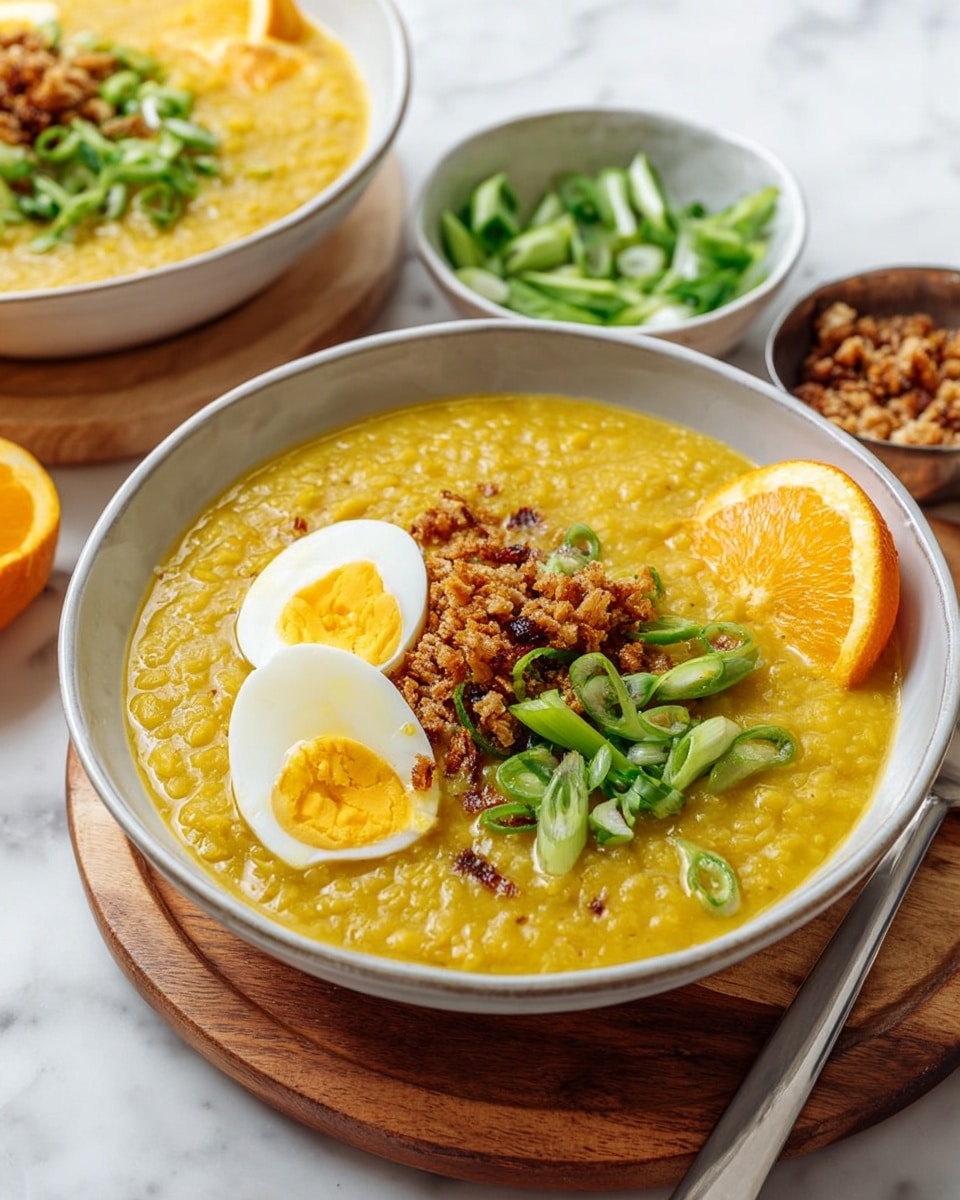 A white bowl filled with thick yellow porridge sits on a wooden board with a white marbled texture. The porridge has a rough texture and is topped with a half of a hard-boiled egg, a small lemon wedge on the right side, crispy brown crumbled topping near the center, and bright green sliced scallions scattered on top. Behind the bowl, there is a smaller white bowl with more sliced green scallions and a small metal cup filled with the same crispy topping with a spoon in it. A slice of lemon and a half hard-boiled egg rest beside the bowl on the wooden board. Photo taken with an iphone --ar 4:5 --v 7