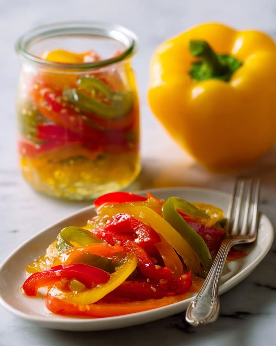 On a white oval plate, there are thin slices of bell peppers in red, yellow, green, and orange colors layered and mixed together, with a shiny, slightly wet texture showing they are marinated or pickled. A silver fork rests on the right side of the plate with some pepper slices on its tines. Behind the plate, there is a clear glass jar containing more mixed sliced bell peppers submerged in a liquid. To the right of the jar, a whole yellow bell pepper is lying on a white marbled surface, which serves as the base background for the scene. The lighting is soft and warm, giving the vegetables a fresh and colorful look. Photo taken with an iphone --ar 4:5 --v 7