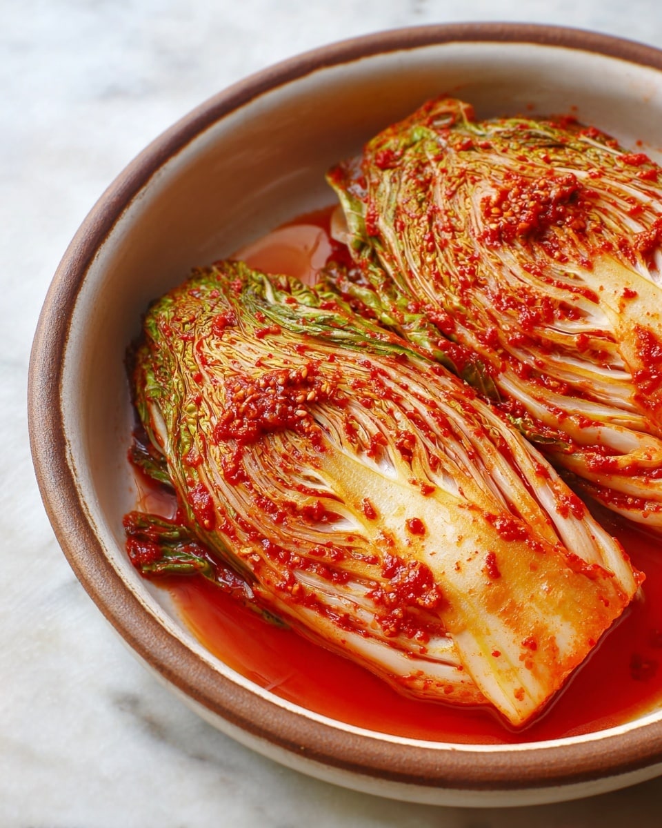 Two halves of napa cabbage sit in a shallow white bowl, each layered with sheets of bright red chili paste and seasoning, giving the leaves a glistening, coated look. The outer leaves are greenish with visible ribbing, transitioning to thick, ivory white stalks at the bottom. The red sauce pools slightly in the bowl, emphasizing the glossy texture and spices clinging to the layers. The bowl is placed on a white marbled surface, enhancing the vibrant colors and textures of the kimchi. photo taken with an iphone --ar 4:5 --v 7