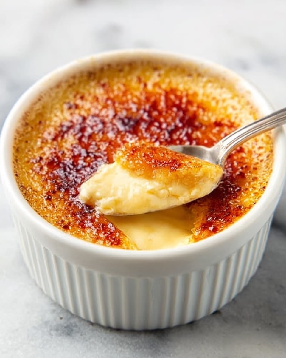 The image shows a single white ramekin filled with crème brûlée. The top layer is a golden brown caramelized sugar crust with a glossy, slightly cracked texture. A silver spoon is breaking through the caramel layer, revealing the smooth, creamy pale yellow custard underneath. The ramekin sits on a white marbled surface with a soft, diffused light highlighting the contrast between the crunchy top and the soft custard below. Photo taken with an iphone --ar 4:5 --v 7