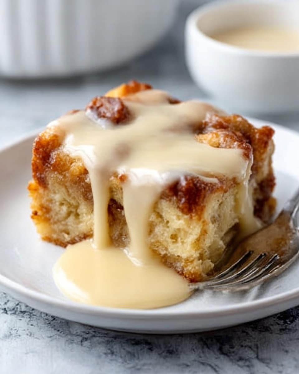 The image shows a single square piece of bread pudding on a white round plate. The bread pudding has a golden brown top layer with a soft, moist, and slightly textured inside. A smooth, creamy light beige sauce is poured over the top, slowly dripping down the sides of the bread pudding. A silver fork rests beside the bread pudding on the plate. The background features a white marbled surface with a blurred white bowl in the distance. Photo taken with an iphone --ar 4:5 --v 7