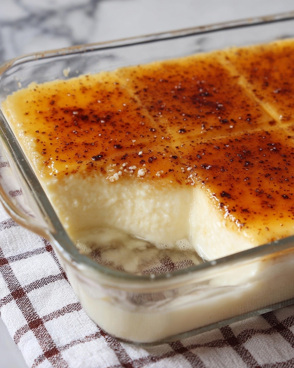 The image shows a creamy, pale yellow square slice of custard or cheesecake placed on a white plate with a white marbled background. The dessert has a smooth texture with a slight golden brown layer on top. On top of the square piece is a dollop of white whipped cream, crowned with a bright red strawberry with green leaves. In the foreground, a piece of the dessert is cut and resting on a spoon, showing its soft, delicate inside. photo taken with an iphone --ar 4:5 --v 7