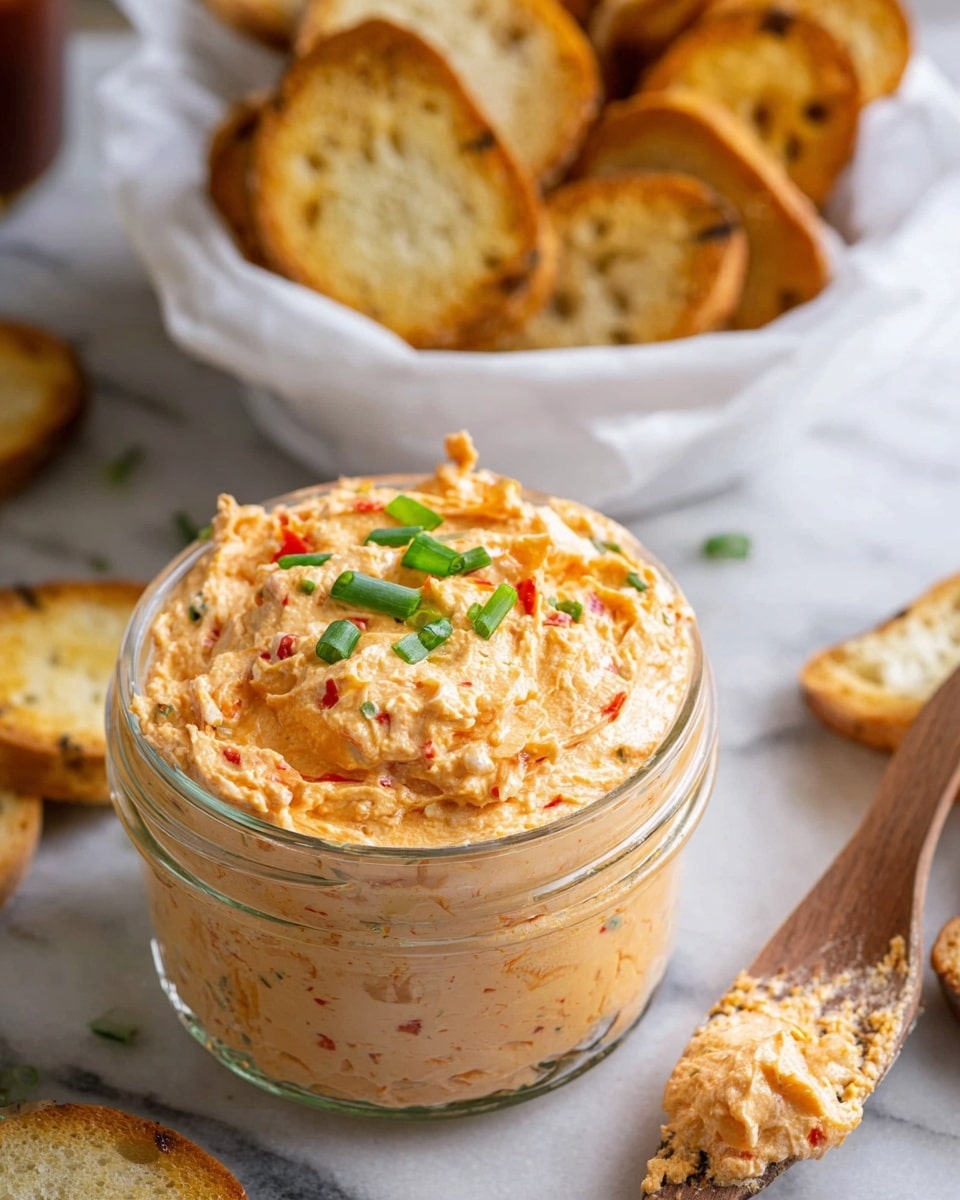 A close-up view of a glass jar filled with creamy, orange-colored spread mixed with small red and white bits, topped with chopped green onions. The spread looks fluffy and textured with swirls on its surface, with a scooped-out section showing the soft inside. Behind the jar is a white bowl lined with white parchment paper, holding several toasted, round bread slices with light brown edges. A wooden surface and scattered green onions surround the jar and bowl. photo taken with an iphone --ar 4:5 --v 7