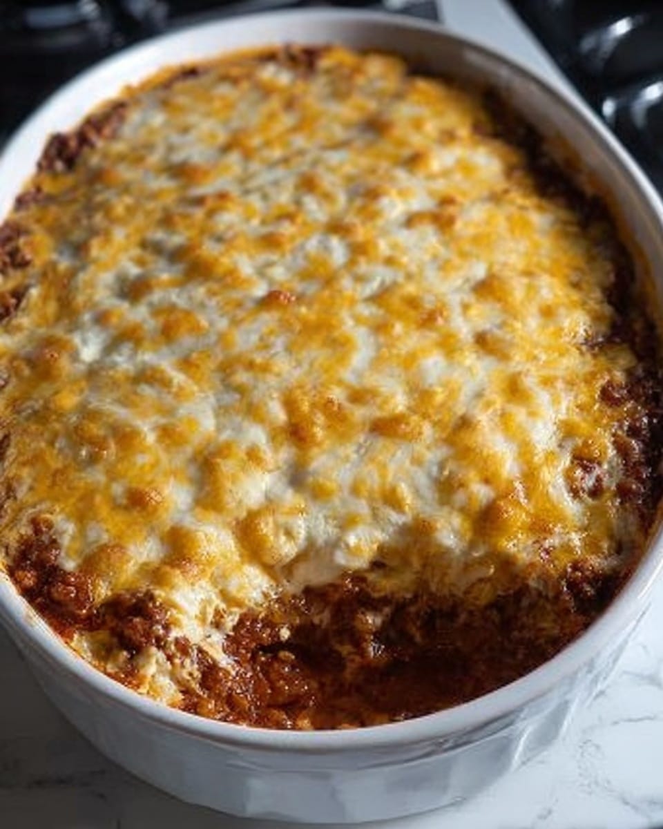 The image shows an oval white ceramic dish filled with a baked casserole. The top layer is golden brown melted cheese that covers the entire surface unevenly, with some browned spots and bubbles indicating it is freshly baked. Below the cheese, you can see hints of a reddish-brown sauce mixed with small chunks, likely meat or beans. The casserole fills the dish to the edge, with slight dripping around the sides. The dish is placed on a white marbled surface, with some dark parts of a stove visible in the background. photo taken with an iphone --ar 4:5 --v 7