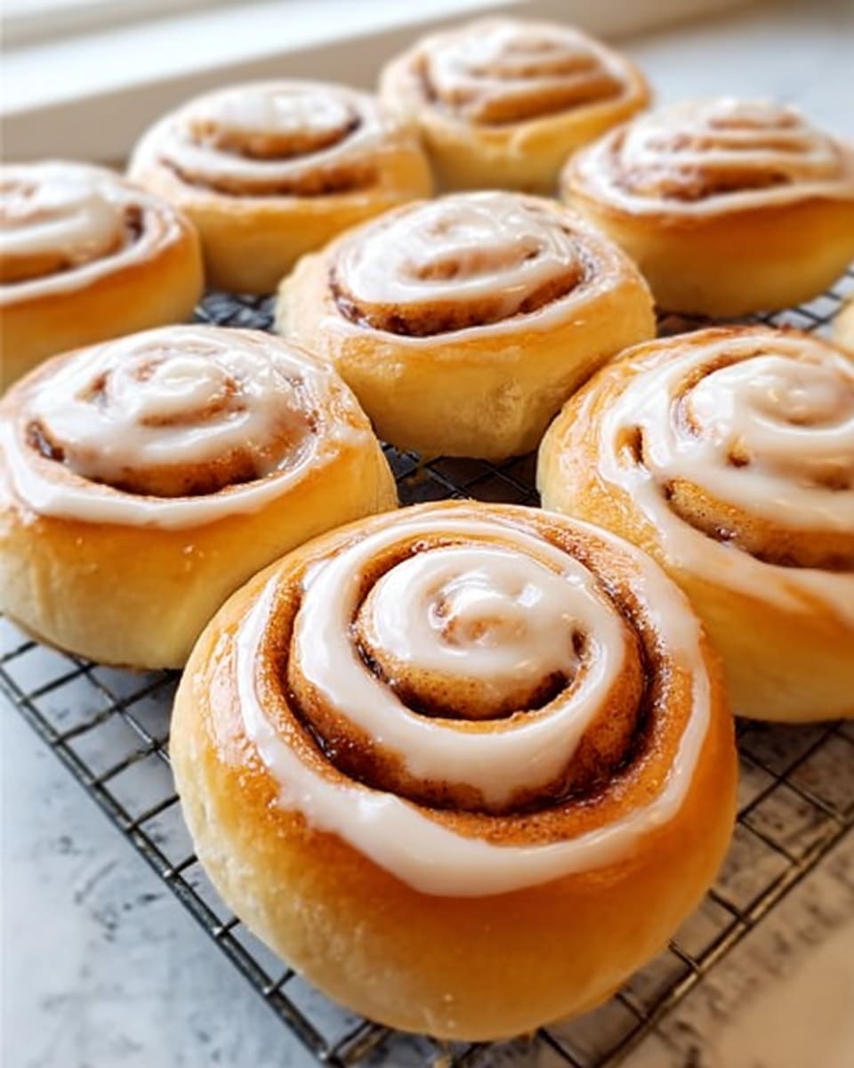 The image shows a close-up of six golden brown cinnamon rolls on a tray. Each roll is made of several spiral layers of soft dough with cinnamon sugar filling visible between the layers. The top of the rolls is shiny and slightly sticky, indicating a light glaze or syrup. The texture looks soft and fluffy with some glossy highlights on the dough’s surface. The background features a white marbled texture. photo taken with an iphone --ar 4:5 --v 7