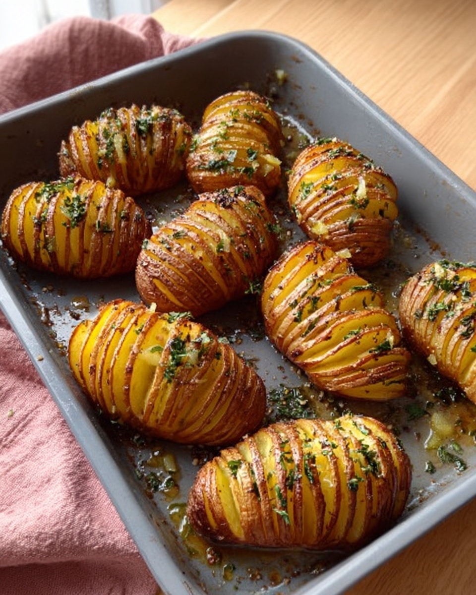 The image shows seven roasted Hasselback potatoes arranged in a gray baking tray. Each potato is sliced thinly across the top in many layers, allowing the skin to fan out slightly, with a golden brown and crispy texture on the outer edges. The onions and herbs, finely chopped, are placed between the slices, with glints of green herbs and small bits of melted butter on top. Some thin drizzles of oil or melted butter create a shiny coating on the potatoes, and tiny specks of black pepper and salt are visible. The tray is placed on a light wooden table with a soft pink cloth partially visible on the left side. photo taken with an iphone --ar 4:5 --v 7
