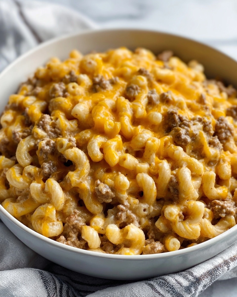 A white bowl filled with a creamy macaroni and ground beef dish. The curly macaroni pasta is coated in thick, yellow cheese sauce, mixed evenly with browned, small pieces of ground beef. The colors are mainly the warm yellow-orange of the cheese and the brown of the meat, with a soft, smooth texture on the pasta and a crumbly look to the beef. The bowl sits on a white marbled surface, and there are no other objects visible. Photo taken with an iphone --ar 4:5 --v 7