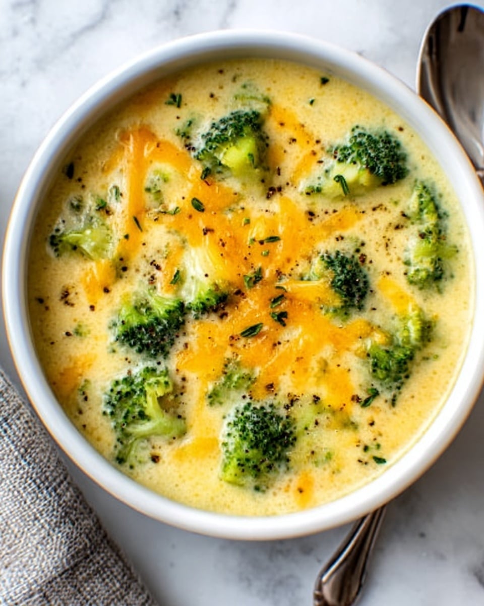 A round white bowl filled with creamy soup made of light yellow base with green broccoli pieces scattered on top. Shredded orange cheese is sprinkled over the soup, melting slightly into the creamy surface. Small green herb sprinkles and black pepper dots are spread evenly across the dish. The bowl is placed on a white marbled surface, with a silver spoon resting beside it. photo taken with an iphone --ar 4:5 --v 7