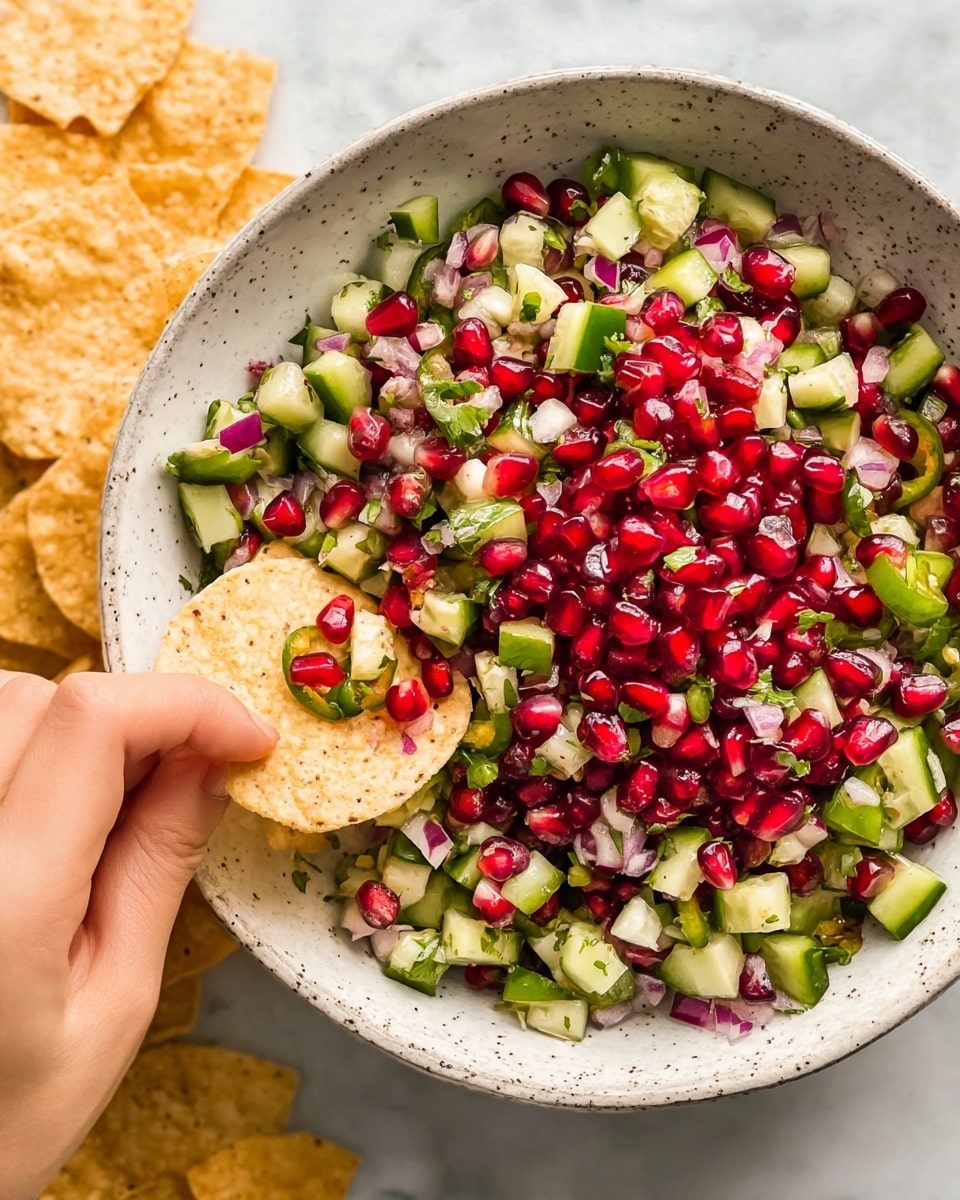 A close-up view of a bowl filled with colorful fresh salsa showing three main layers: the top layer has bright red pomegranate seeds mixed with small green jalapeño slices, the middle layer contains finely diced light green cucumbers and chopped pale red onions, and the base layer shows specks of green herbs scattered evenly throughout the salsa. The bowl is white and lightly speckled, placed on a white marbled textured surface. A woman's hand is holding a round, light yellow tortilla chip dipped halfway into the salsa on the right side, and more tortilla chips rest just outside the bowl on the bottom left. Photo taken with an iphone --ar 4:5 --v 7
