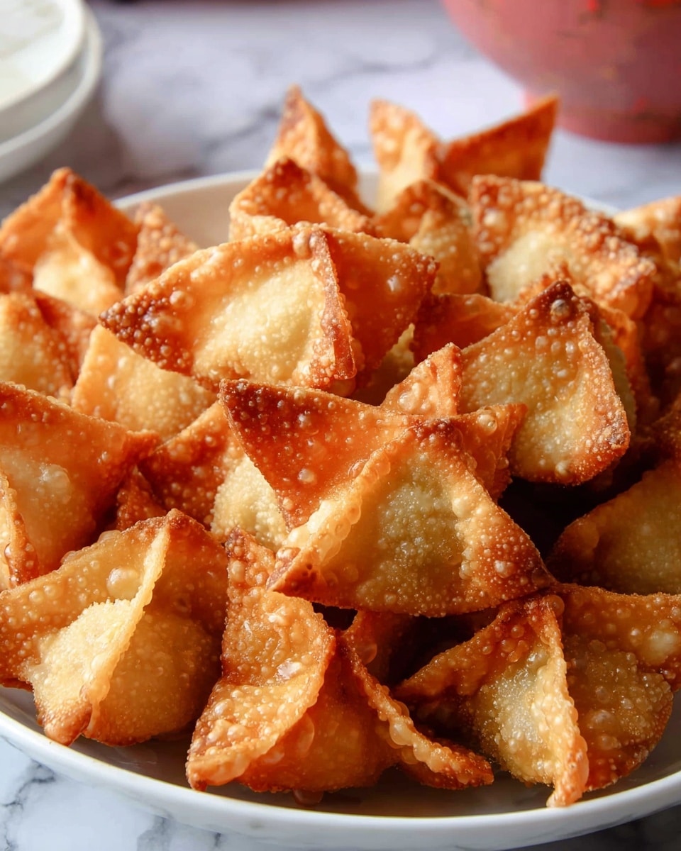 A white plate filled with multiple golden brown fried wontons, each one showing a crispy texture with small bubbles on the surface. The wontons are folded into a triangular shape with pinched corners standing up, piled high in the center of the plate. The background has a white marbled texture that is softly out of focus. photo taken with an iphone --ar 4:5 --v 7
