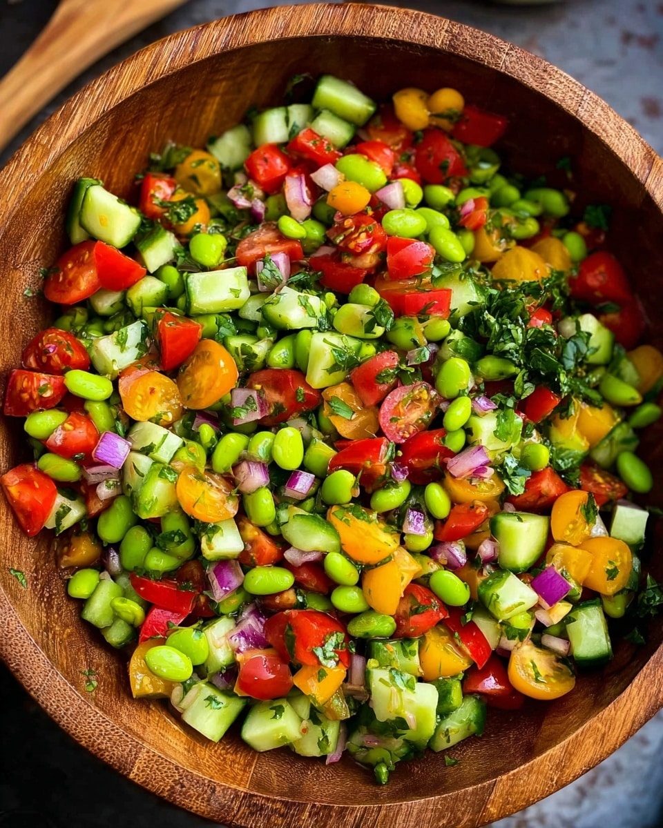 A wooden bowl filled with a colorful chopped salad, showing multiple layers of small, cubed or sliced fresh vegetables. The salad contains bright green edamame beans, diced red bell peppers, chunks of yellow and red cherry tomatoes, chopped green cucumber pieces, and bits of purple onion scattered throughout. There are also some fresh green herbs finely chopped and spread on top and mixed in, adding a touch of leafy texture. The bowl sits on a surface with a dark background partly visible. photo taken with an iphone --ar 4:5 --v 7