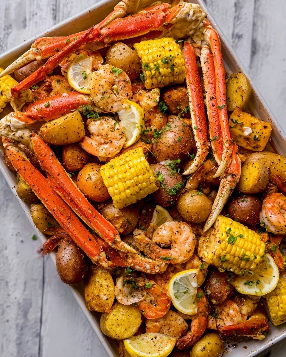 The image shows a large white tray filled with a colorful seafood boil. There are bright red crab legs spread across the tray, mixed with golden roasted baby potatoes, yellow corn on the cob cut into chunks, and plump pink shrimp. Lemon wedges with pale yellow skin are scattered on top, adding a fresh touch. The food is seasoned with black pepper and herbs, giving a speckled texture on the seafood and vegetables. The tray sits on a white marbled surface. Photo taken with an iphone --ar 4:5 --v 7