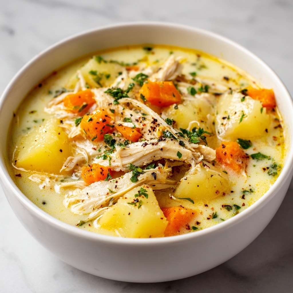 The image shows a white bowl filled with creamy chicken and potato soup. The soup has many layers: chunks of light brown cooked chicken on top, small round yellowish potatoes, diced orange carrots, and small green herbs spread all over. The creamy broth is thick and light beige in color, covering all the ingredients. There is a silver spoon resting inside the bowl, with a woman's hand holding it. Next to the bowl, there are pieces of torn bread with a golden crust. The bowl is placed on a white marbled surface. Photo taken with an iphone --ar 4:5 --v 7