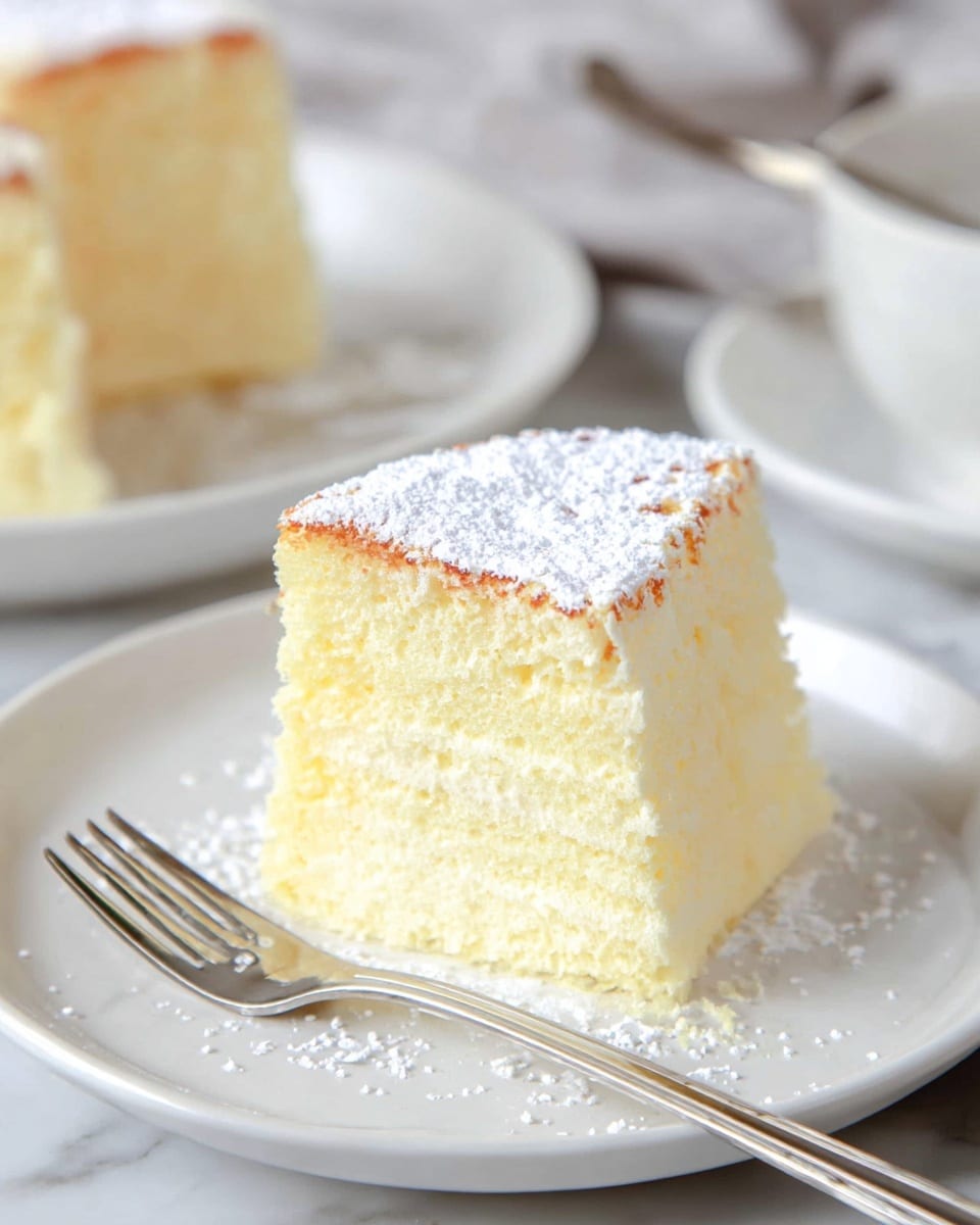 A soft, light yellow piece of sponge cake sits on a white plate, sprinkled lightly with powdered sugar on top. The cake shows three visible layers with a fluffy texture and a slightly browned, smooth top layer. The side layers look airy and tender, with fine lines indicating the cake’s softness and creaminess. Next to the cake on the plate is a shiny silver fork, placed diagonally. In the background, there's a matching white plate holding more pieces of the same cake with a blurred silver spoon. The whole scene is set on a white marbled surface. photo taken with an iphone --ar 4:5 --v 7