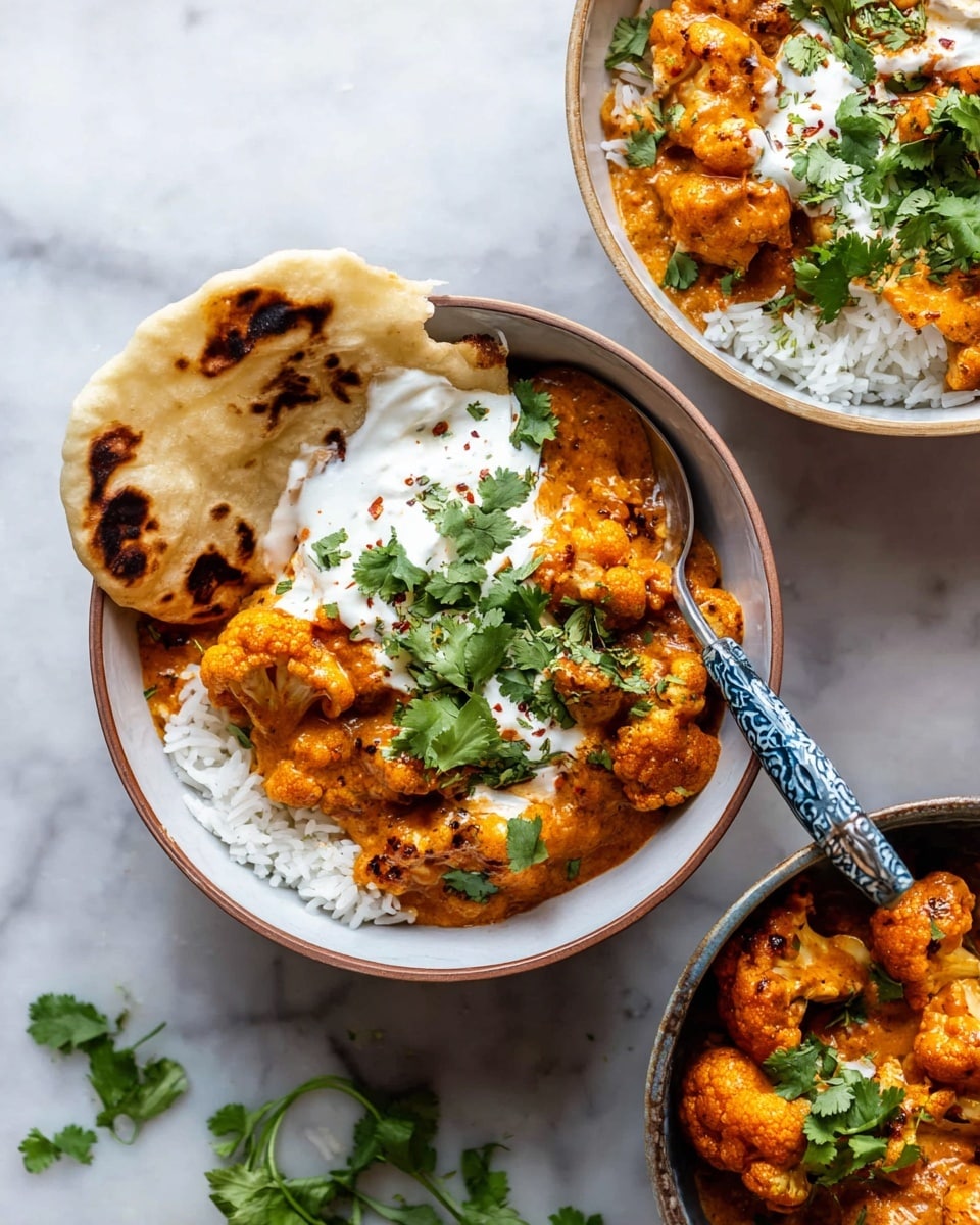 The image shows two white bowls filled with a layered dish. The bottom layer is white cooked rice, topped with bright orange cauliflower pieces covered in a smooth, creamy sauce with visible specks of seasoning. There is a dollop of white yogurt or cream in the center, slightly melting into the sauce. Fresh green cilantro leaves are scattered over the top. On the side inside each bowl, there is a piece of golden-brown flatbread with charred spots. A spoon with a blue patterned handle is resting inside one of the bowls. The bowls sit on a white marbled surface with some cilantro scattered nearby. Photo taken with an iphone --ar 4:5 --v 7