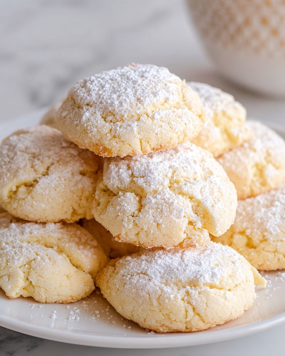 A white round plate filled with about fifteen soft, round cookies piled loosely in a small mound. Each cookie is pale yellow with a slightly bumpy texture, and all are dusted with a fine layer of white powdered sugar, giving a light snowy effect. The plate sits on a woven natural fiber mat over a white marbled surface, and in the background to the side there is a white cup on a white coaster and a glimpse of another white plate with a few more cookies. The scene is bright and clean, focusing closely on the cookies. photo taken with an iphone --ar 4:5 --v 7