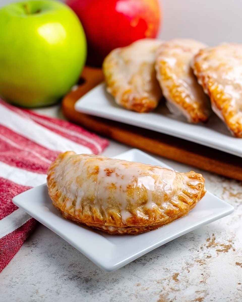 A close-up of a half-moon shaped pastry with light brown, slightly crispy edges covered in a shiny white glaze on top, placed in the center of a small square white plate; behind it, a white rectangular plate holds three more glazed pastries arranged in a row, all on a white marbled textured surface; to the left, a red apple and a green apple rest beside a red and white striped kitchen towel, adding a pop of color to the scene; photo taken with an iphone --ar 4:5 --v 7