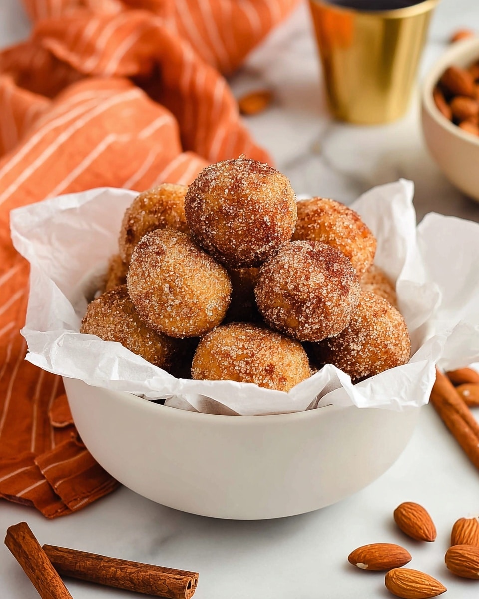 A white bowl filled with a pile of round, golden-brown balls coated in a coarse sugar and cinnamon mix, each ball showing a grainy, slightly rough texture. The bowl is lined with white parchment paper that crinkles softly around the balls. Around the bowl on a white marbled surface lie whole cinnamon sticks and almonds scattered nearby. In the background, there is a golden cup and a striped cloth with warm orange and white tones, softly blurred. photo taken with an iphone --ar 4:5 --v 7