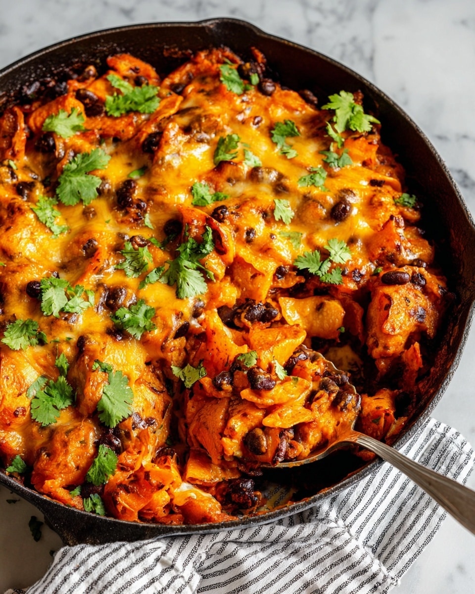 The image shows a black cast iron skillet filled with a colorful baked dish consisting of three layers. The bottom layer has bright orange cubes of cooked sweet potatoes mixed with black beans scattered throughout. The middle layer consists of pieces of flat, orange tortilla chips or nachos spread over the vegetables. The top layer is covered with melted golden-yellow and white cheese that is gooey and slightly browned. Fresh green chopped cilantro is sprinkled over the entire dish as garnish. A silver spoon is resting on the right side of the skillet, partially scooping some of the mix. The skillet sits on a white marbled surface with a gray and white striped cloth nearby. photo taken with an iphone --ar 4:5 --v 7