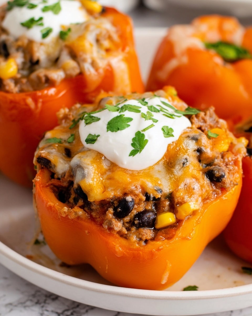 The image shows two stuffed orange bell peppers on a white plate with a white marbled texture surface. Each orange pepper is filled with layers of cooked ground meat mixed with black beans, corn, and diced tomatoes, all covered by melted cheese that is golden and slightly browned in spots. On top of each filled pepper is a dollop of white sour cream, garnished lightly with chopped green herbs. The overall texture is hearty and colorful with a contrast between the bright orange pepper, dark beans, and the creamy white sour cream. photo taken with an iphone --ar 4:5 --v 7