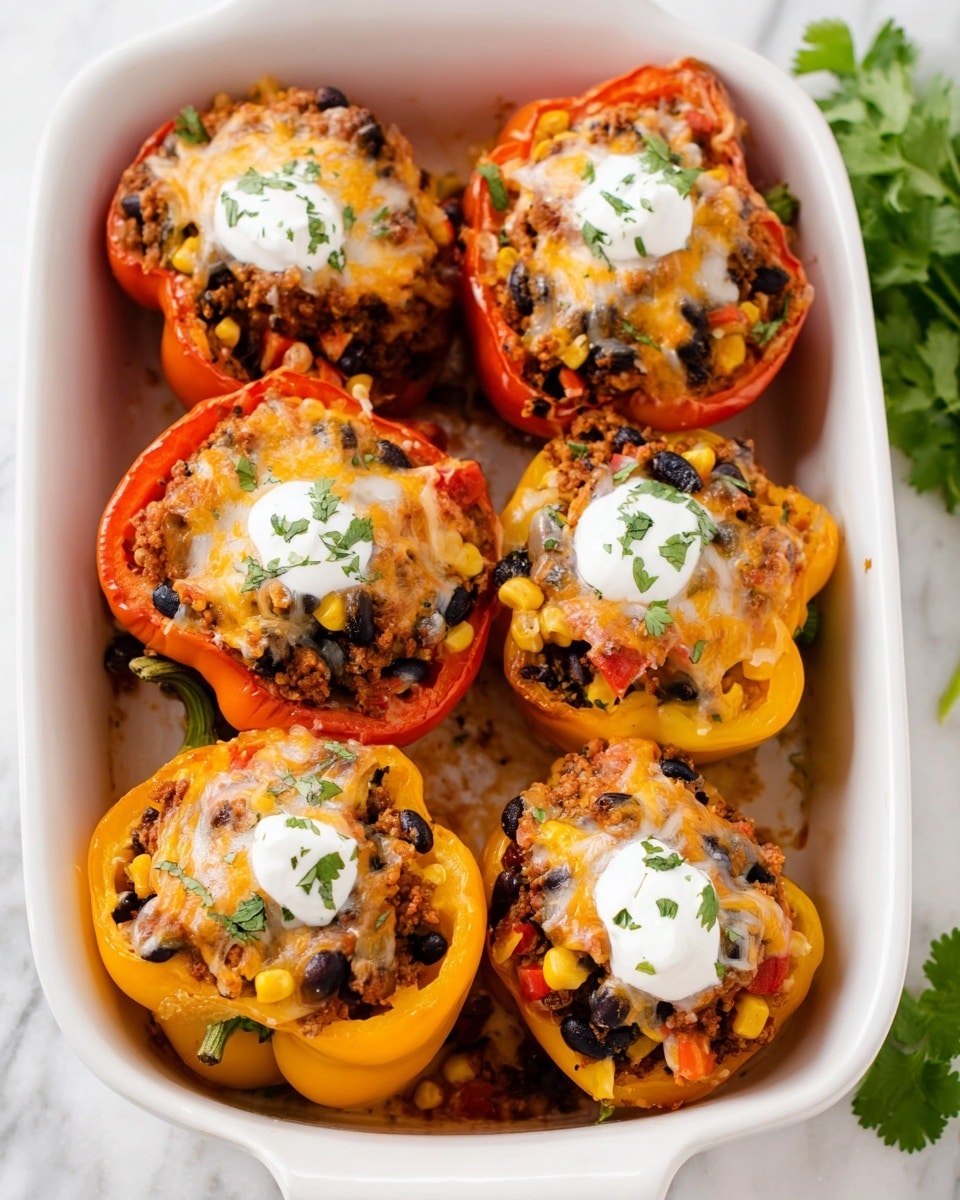 The image shows six stuffed bell pepper halves arranged in a white oven dish on a white marbled surface. Each pepper half is filled with a colorful mixture that includes black beans, corn, and ground meat, topped with melted light golden cheese. On top of some pepper halves, there are white dollops of sour cream with small green herb sprinkles. The peppers come in orange, red, and yellow colors, creating a vibrant contrast to the filling and topping. Some fresh green cilantro leaves are visible in the background near the dish. Photo taken with an iphone --ar 4:5 --v 7