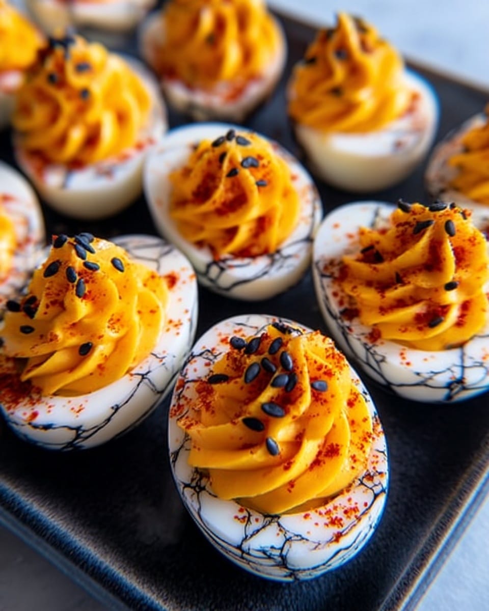 The image shows several deviled eggs arranged closely on a dark tray against a white marbled background. Each egg has a cracked, marbled white shell with black lines that look like fine veins. The eggs are halved, with smooth, bright orange filling piped in a swirled pattern on top. Small black sesame seeds and a light sprinkling of red powder garnish the orange filling, adding texture and color contrast. The overall look is clean and elegant, emphasizing the sharp black and orange colors against the white marbled surface. Photo taken with an iphone --ar 4:5 --v 7