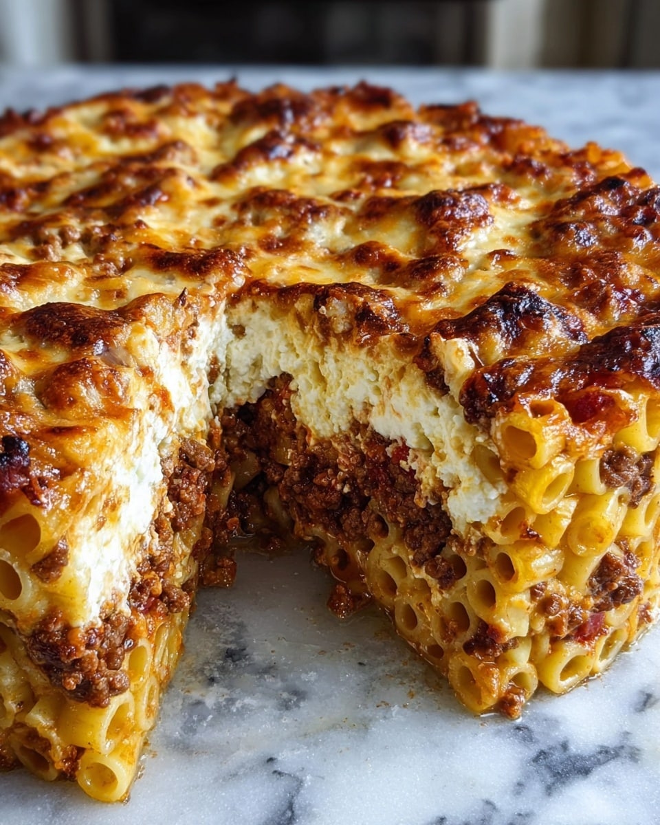 The dish is a thick, round layered baked pasta with three clear layers: the top layer is golden-brown melted cheese with a slightly crispy texture; the middle layer is a rich, dark brown ground meat sauce with visible tomato bits; and the bottom layer is a dense bed of cooked tubular pasta, pale yellow in color, holding the shape firmly. The layers are compact and evenly stacked, with the pasta layer also at the top under the melted cheese. The slice taken out shows the inside structure well, revealing the meat filling between the pasta layers. The dish rests on a surface with a white marbled texture. photo taken with an iphone --ar 4:5 --v 7