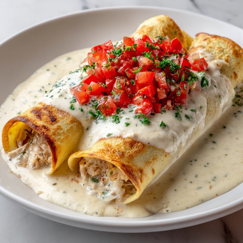 Two rolled enchiladas filled with a creamy mixture sit side by side on a white plate with a brown rim, covered generously with a thick, white cheese sauce that has a smooth, slightly bubbly texture. On top, there is a small heap of diced red tomatoes and chopped green onions mixed with finely chopped green cilantro, adding bright colors and freshness to the dish. The edges of the enchiladas show a golden-brown toasted look, while the melted sauce pools slightly around the base, all placed on a white marbled surface. photo taken with an iphone --ar 4:5 --v 7