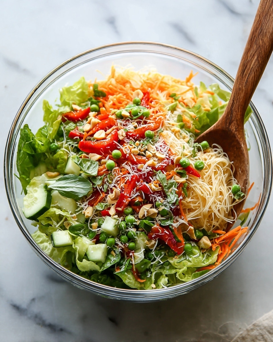 A glass bowl filled with several layers of colorful food sits on a white marbled surface. The bottom layer is thin rice noodles, topped with fresh green leafy vegetables. Above that are slices of bright red bell peppers and green peas scattered throughout. Visible slices of cucumber add a pale green tone, mixed with shredded orange carrots and chopped herbs. The whole salad is lightly sprinkled with white grated cheese. A wooden spoon rests inside the bowl, its handle leaning against the side, ready to serve. Photo taken with an iphone --ar 4:5 --v 7
