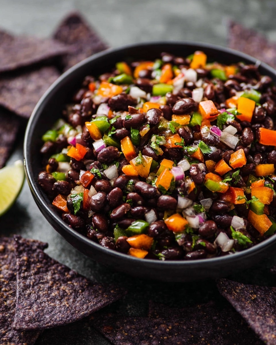 A close-up of a black bowl filled with a colorful black bean salad, showing one main layer of glossy black beans mixed with small diced pieces of bright orange bell peppers, green peppers, red onions, and bits of fresh green cilantro leaves on top, placed on a white marbled textured surface with dark purple tortilla chips scattered nearby. photo taken with an iphone --ar 4:5 --v 7