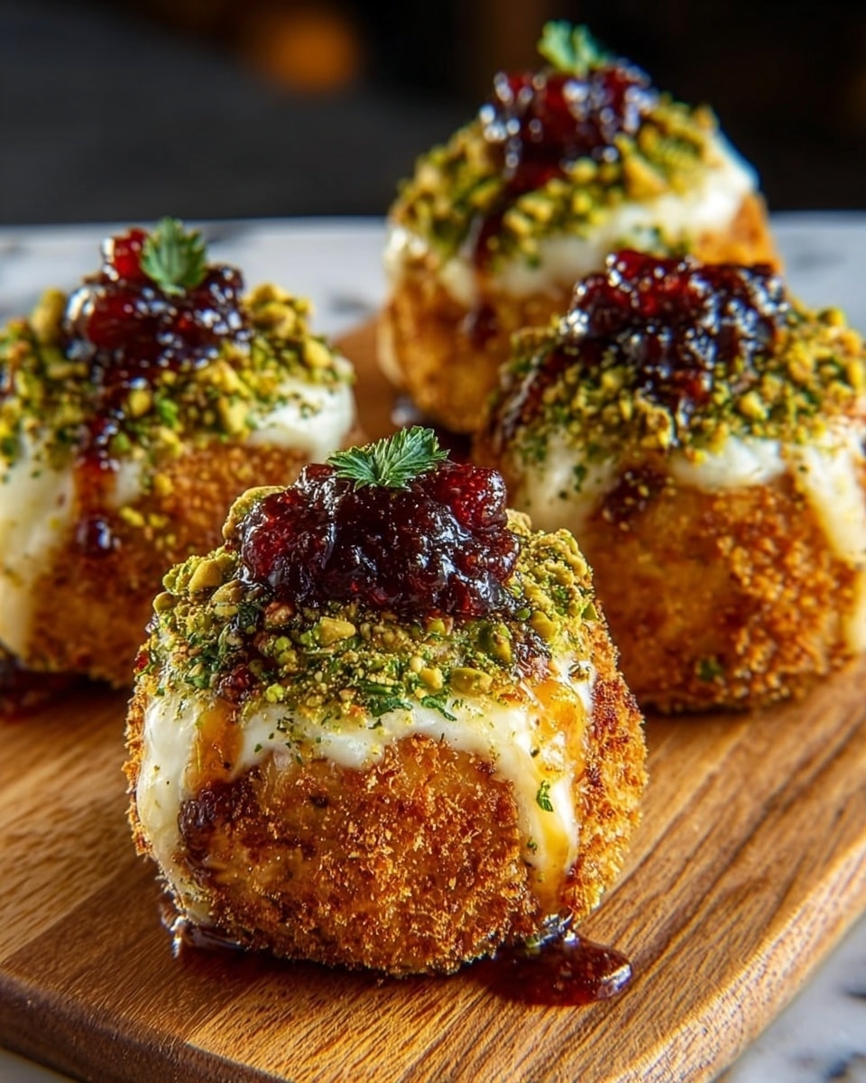 The image shows four small square cakes on a white plate, each with three visible layers. The bottom layer is golden brown and crispy, the middle layer is white and creamy with a soft texture, and the top layer is covered with chopped green pistachios and finely chopped fresh herbs. On top of the pistachios, there are shiny red and dark berries clustered together. The cakes sit in a pool of amber syrup that reflects light softly. The background features a soft light with out-of-focus round bokeh lights and a white marbled surface under the plate. photo taken with an iphone --ar 4:5 --v 7