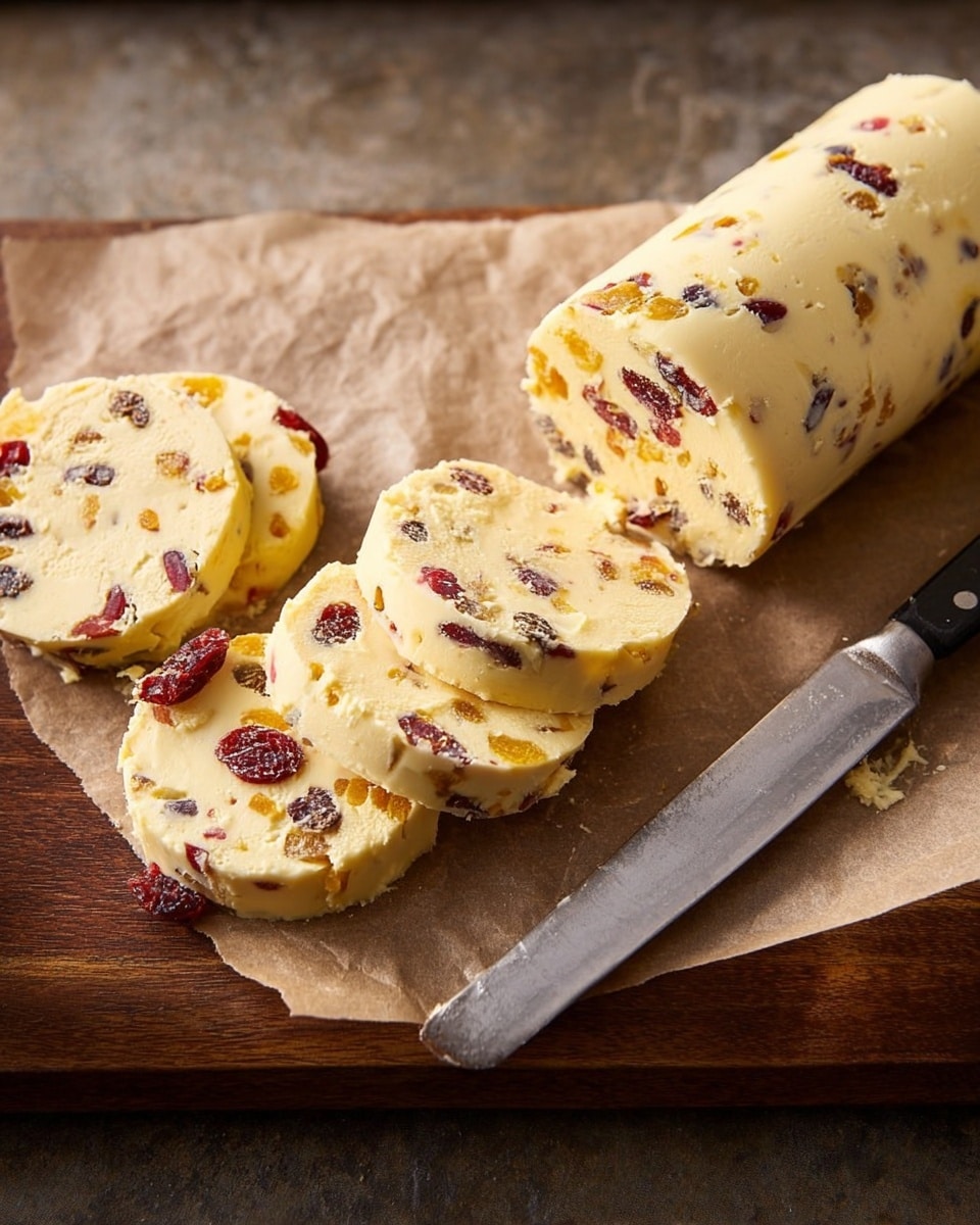 The image shows a rolled log of light yellow butter mixed with small pieces of red and orange dried fruit, sitting on brown parchment paper on a wooden board. Several round slices have been cut from the roll, showing the creamy texture with colorful bits spread evenly throughout. A silver knife with a black handle lies in front of the slices, resting on the parchment paper. The wooden board and parchment create a rustic feel, and the butter slices are thick, smooth, and slightly crumbly around the edges. photo taken with an iphone --ar 4:5 --v 7