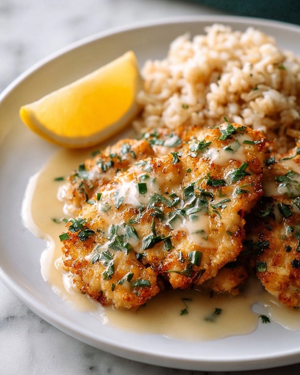 A single piece of golden-brown baked chicken breast with visible herbs sprinkled throughout sits on the left side of a white plate. The chicken has a slightly crispy texture with melted cheese or sauce on top that adds a glossy shine. Next to it, on the right side of the plate, is a generous serving of cooked brown rice with a soft, slightly fluffy appearance. A small wedge of yellow lemon rests against the chicken’s bottom-left edge, and light-colored sauce is drizzled partially over the chicken and around the left side on the plate. The plate is placed on a white marbled surface. photo taken with an iphone --ar 4:5 --v 7