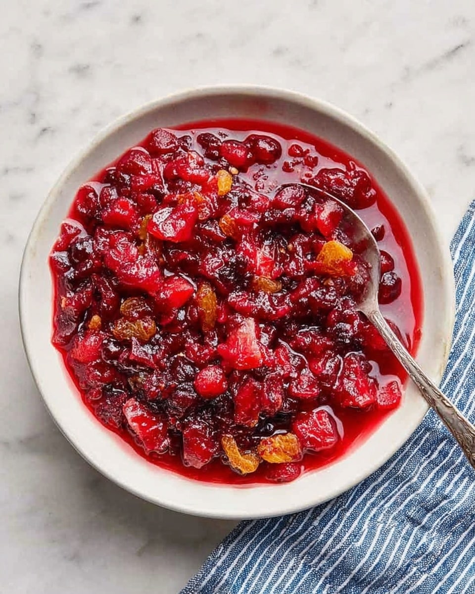 A close-up view of a white bowl filled with chunky cranberry sauce, showing a mix of deep red and bright red pieces of cranberries, along with bits of golden raisins scattered throughout. The sauce looks thick and glossy, with small slices of fruit adding texture. A gold-colored spoon is partially visible, resting inside the bowl. The bowl sits on a white marbled surface with a blue and white striped cloth nearby. Photo taken with an iphone --ar 4:5 --v 7