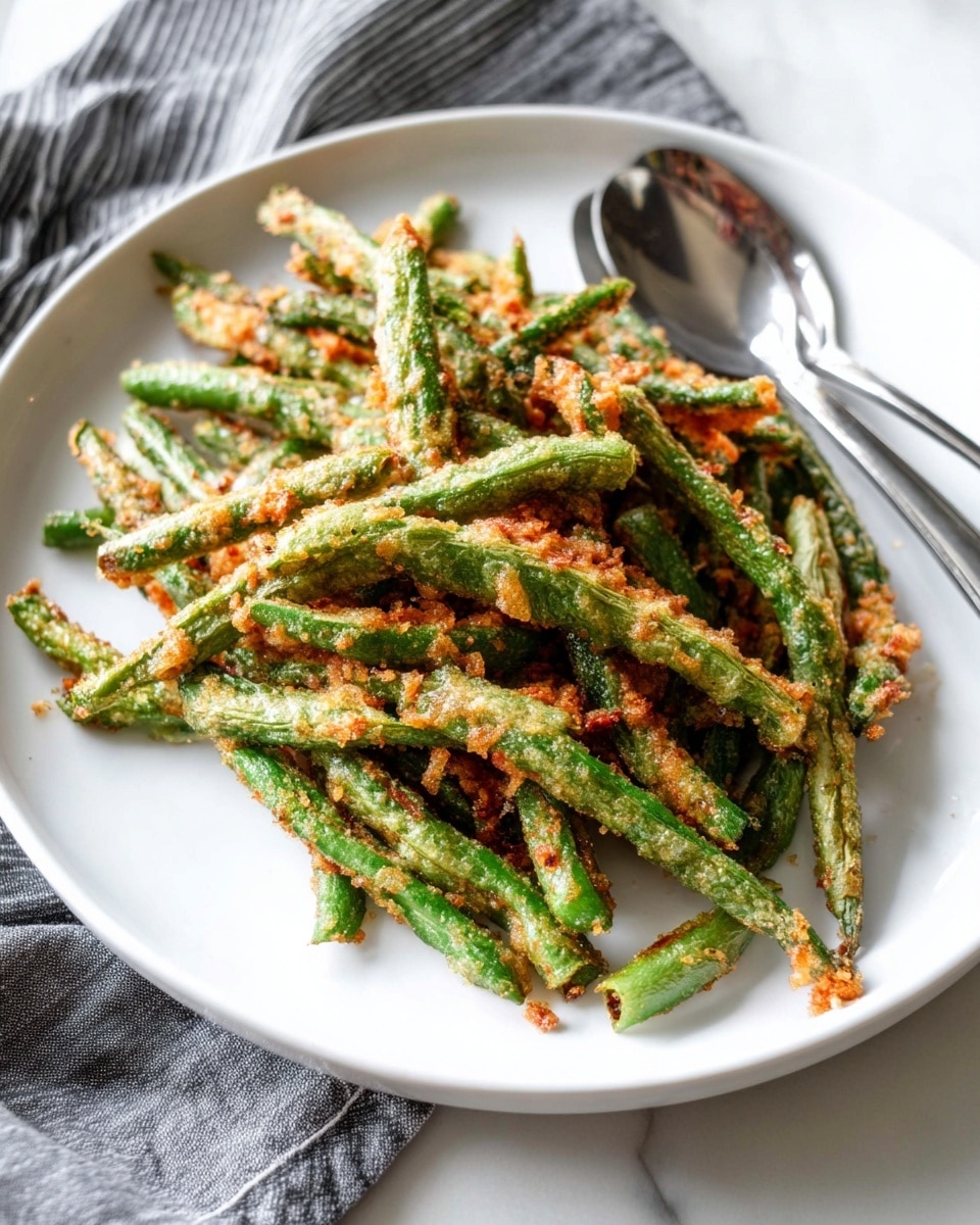 A black bowl filled with crispy green beans that are covered in a layer of golden brown breadcrumbs, giving them a crunchy texture. The green beans have a slightly wrinkled surface and are well coated with the breadcrumb topping, which adds a speckled pattern of light brown over the green. The bowl rests on a wooden surface with a white marbled texture background and a striped cloth nearby. photo taken with an iphone --ar 4:5 --v 7