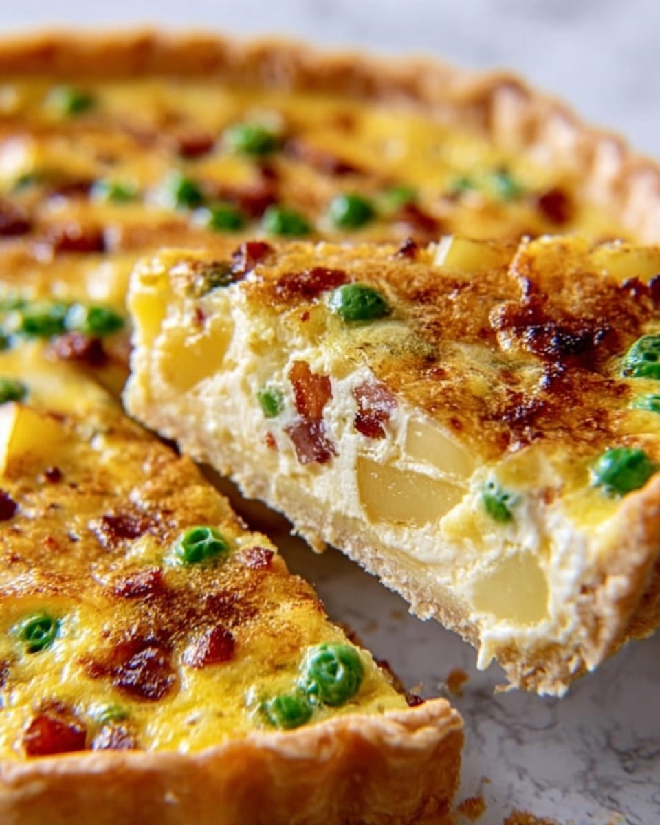 A close-up image of a slice of quiche being lifted, showing its golden brown, slightly crispy top layer with green peas and small pieces of bacon scattered across it. Beneath the top, a creamy, smooth yellow filling is visible, with chunks of potatoes adding texture. The quiche's crust is light golden, firm, and slightly crumbly, holding all the ingredients together. The background is a white marbled texture. Photo taken with an iphone --ar 4:5 --v 7