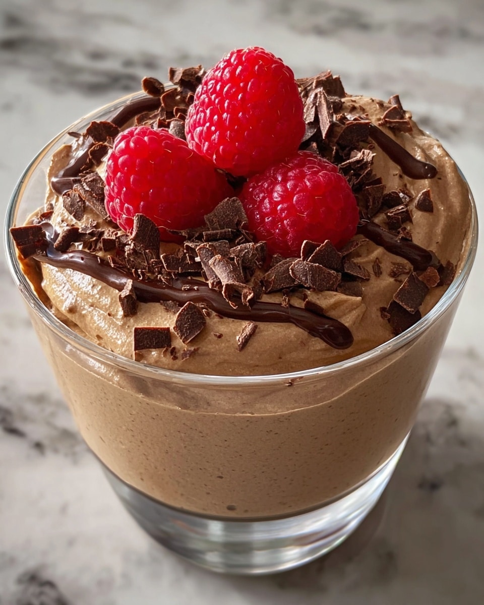 The image shows a clear glass bowl filled with creamy, smooth chocolate mousse as the main layer, which is light brown and fluffy in texture. On top of the mousse, there are three bright red raspberries placed closely together in the center. Scattered around the raspberries are dark chocolate curls that add a rough textured look, with a few drizzles of melted chocolate creating a glossy finish over the mousse. The glass bowl sits against a white marbled texture background, and some small pieces of chocolate are visible near the base of the bowl. Photo taken with an iphone --ar 4:5 --v 7