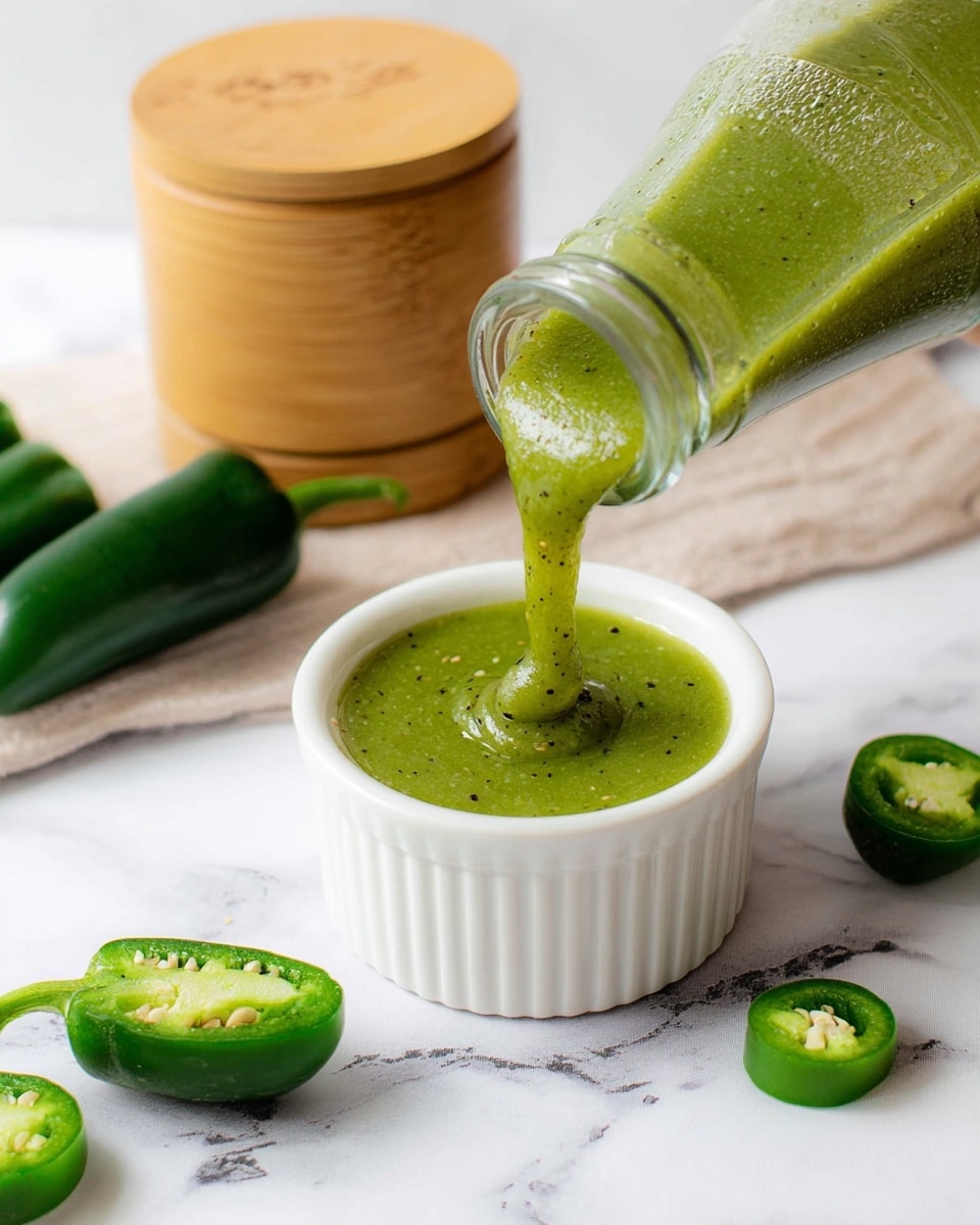 Three clear glass bottles filled with thick green sauce stand on a white marbled surface. Each bottle is sealed with a black cap, and the sauce inside has a slightly chunky texture with visible small bits. Around the bottles, there are whole and halved jalapeño peppers displaying their shiny dark green skin and pale green inside with seeds. In the background to the left, there is a small round wooden salt container with a lid, and a folded white and gray striped cloth lies partially in the lower left corner. To the right, part of a white bowl with a brown edge contains more jalapeños. The overall scene is bright and clean. photo taken with an iphone --ar 4:5 --v 7