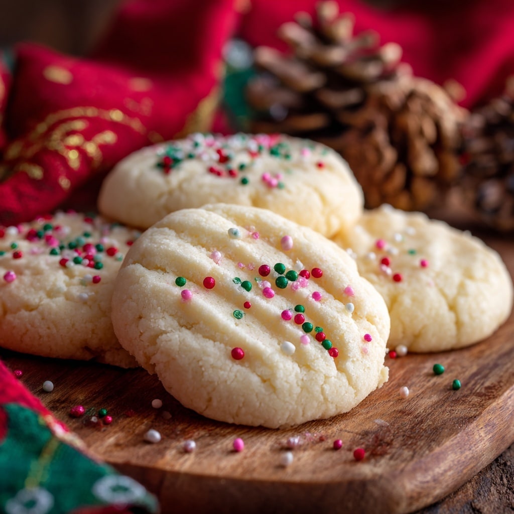 The image shows several soft, round cookies that are pale cream in color with a smooth texture. Each cookie has four small parallel lines pressed on the top, creating a simple pattern, and is decorated with small red, green, white, and pink round sprinkles scattered lightly on the surface. The cookies are laid out on a wooden surface with a white marbled texture in the background, along with a red cloth with green snowflake patterns and some pinecones, adding a festive holiday feel. photo taken with an iphone --ar 4:5 --v 7