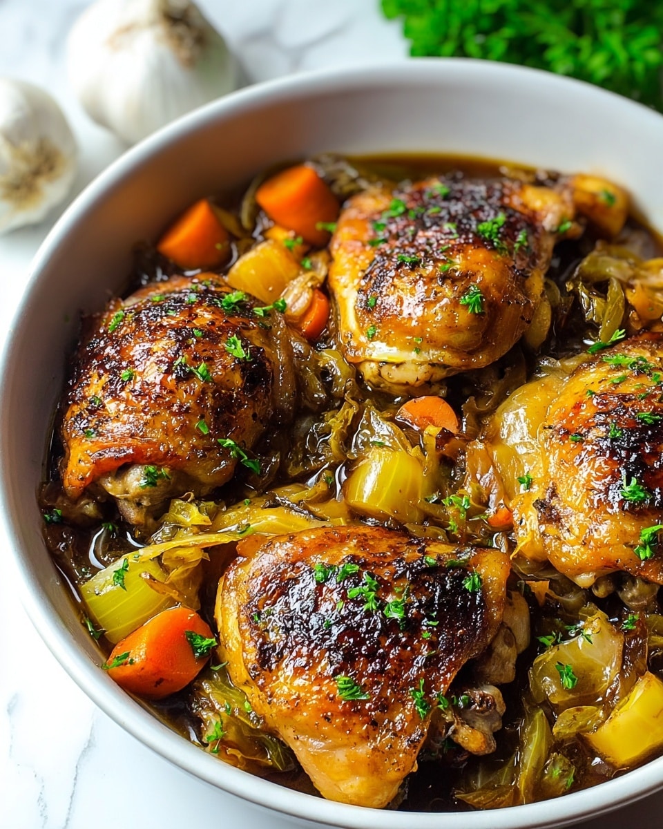 A white bowl filled with five pieces of golden brown, roasted chicken thighs with a crispy, caramelized skin sprinkled lightly with chopped green herbs. The chicken sits in a rich, glossy sauce, surrounded by soft cooked vegetables including orange carrot chunks, yellow bell pepper pieces, and translucent cooked cabbage leaves. The sauce is thick and dark, coating the vegetables and chicken, creating a warm, hearty look. The background is a white marbled surface with some garlic bulbs and green parsley blurred slightly. Photo taken with an iphone --ar 4:5 --v 7