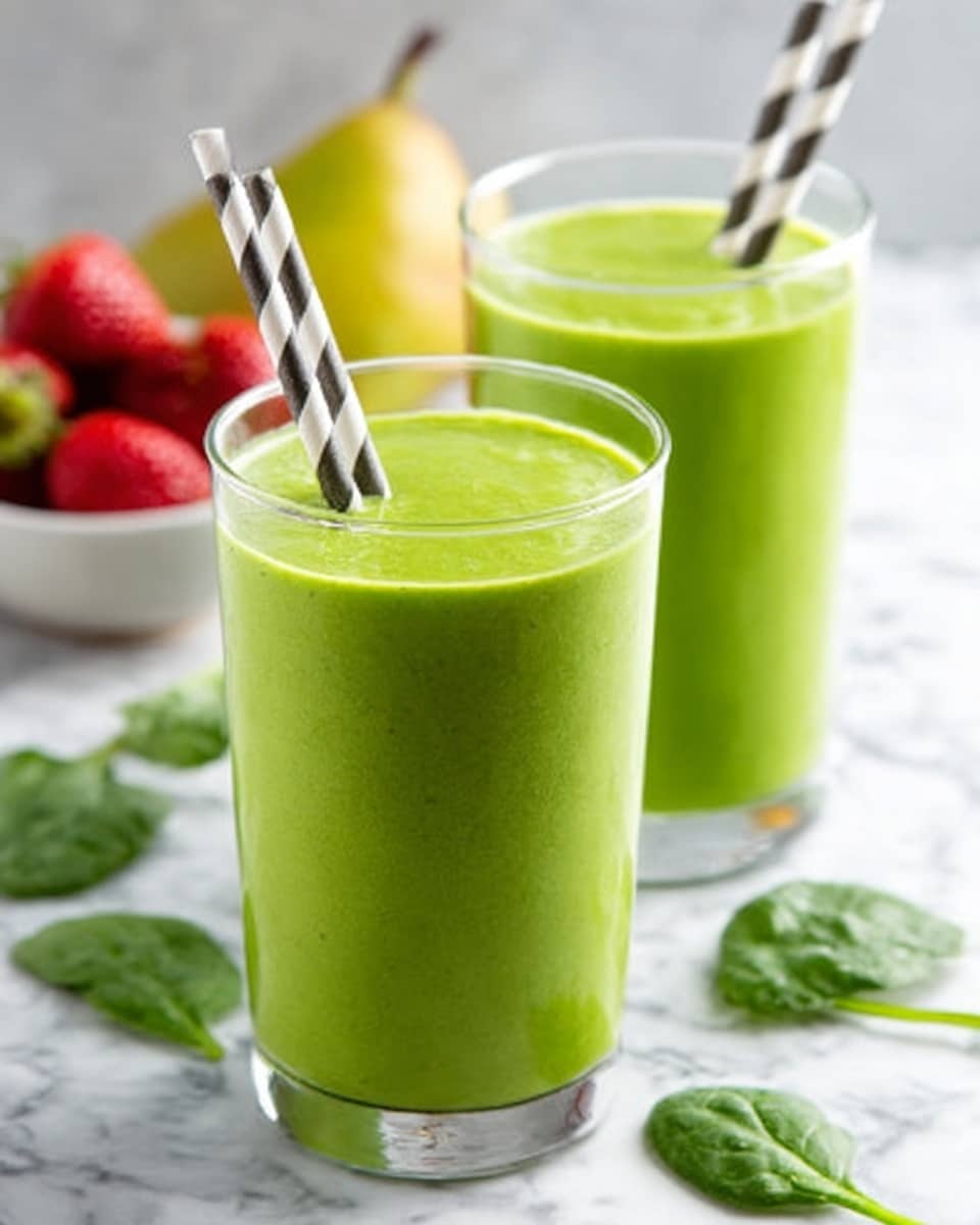 Two clear glasses filled with bright green smoothies stand side by side on a white marbled surface. The smoothies are smooth with a creamy texture and have two black-and-white striped paper straws in each glass, slightly tilted. Around the glasses are a few fresh spinach leaves scattered on the surface. In the background, there is a soft blur of fresh strawberries and a bowl of spinach, all placed on the white marbled surface. The scene is bright and fresh, showing a healthy and vibrant drink. Photo taken with an iphone --ar 4:5 --v 7