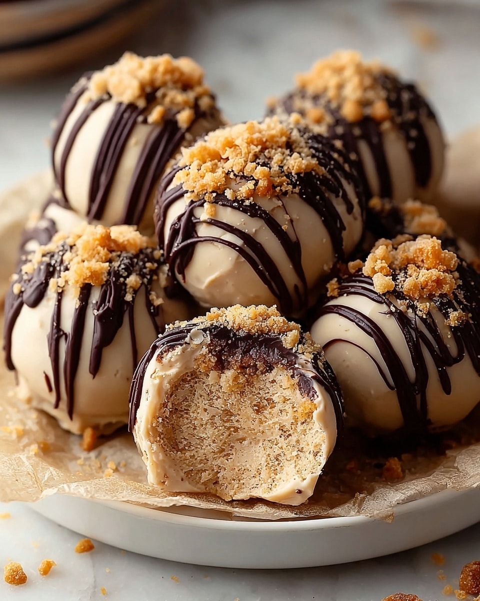 The image shows five round dessert balls arranged on a white plate with a white marbled texture underneath. Each ball has a base layer of light beige, soft-looking filling with small crunchy bits inside. They are coated in a smooth, creamy white layer, which is then drizzled with dark chocolate in thin lines from the top to about halfway down. The top of each ball is covered with a large, uneven cluster of crushed nuts in golden brown and beige tones. One ball in the front is cut in half, showing the textured inside clearly. Small pieces of crushed nuts are scattered around the plate. photo taken with an iphone --ar 4:5 --v 7