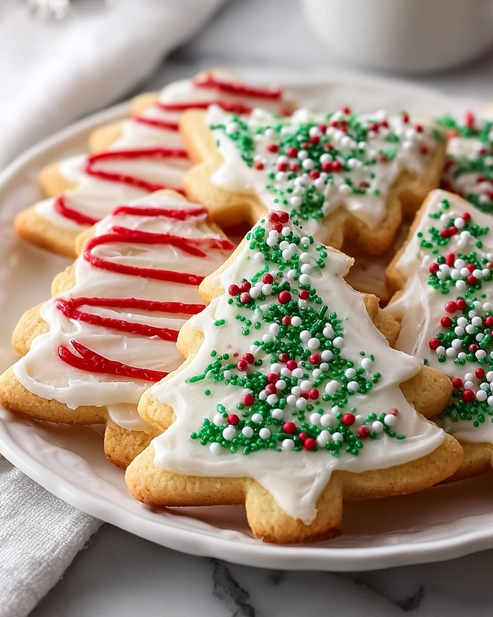 A white plate holds several Christmas tree shaped sugar cookies with two visible layers: a golden brown cookie base and a thick layer of white icing covering the whole tree shape on top. The white icing features decorative swirls of red or white icing forming diagonal lines across each tree. Green sugar sprinkles are scattered over the white icing, with clusters of small white and red round sprinkles adding texture and color contrast, resembling ornaments. The cookies are arranged overlapping, filling the plate. The background is a white marbled texture. Photo taken with an iphone --ar 4:5 --v 7