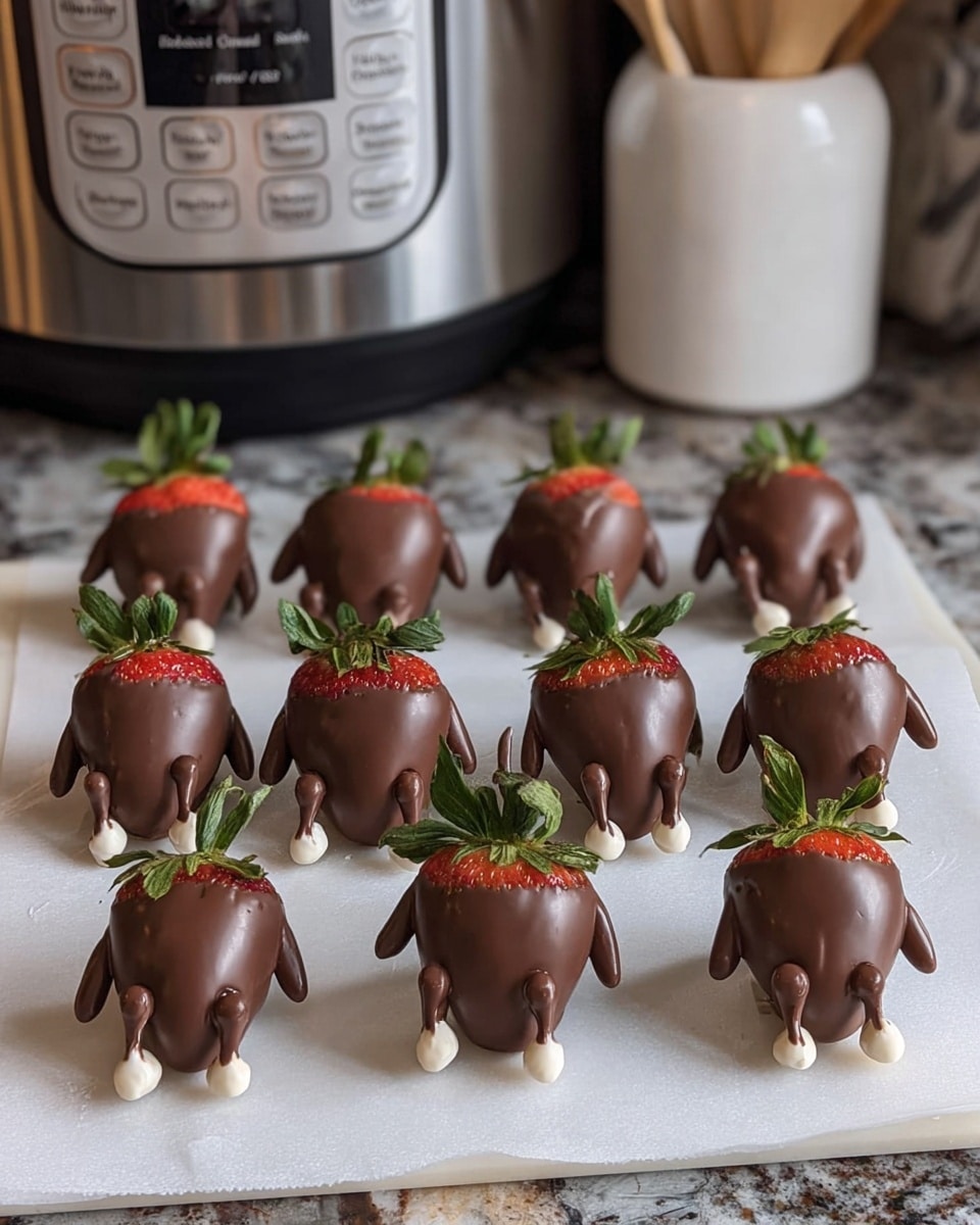 The image shows a group of chocolate-covered strawberries styled to look like little figures sitting or leaning back with arms and legs made from chocolate sticks, and small white tips representing hands and feet. Each strawberry is fully coated in smooth dark chocolate, with green leafy tops still visible on each berry. There are three rows, with five strawberries on the top row, four in the middle, and six in the front, all placed on white parchment paper. The background includes a white marbled countertop, part of a silver Instant Pot, and a white container on the side. The lighting is soft, highlighting the glossy texture of the chocolate. Photo taken with an iphone --ar 4:5 --v 7