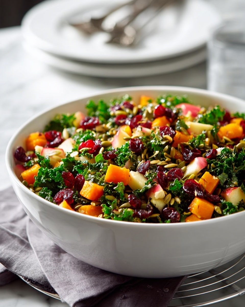 A white bowl filled with a colorful salad sits on a wire cooling rack over a patterned cloth on a white marbled surface. The salad has multiple layers: green leafy kale at the base, mixed with small orange cubes of butternut squash, light beige apple chunks with red skin, dark red dried cranberries, brown sunflower seeds, and green pumpkin seeds scattered all over. In the background, there is a white plate with silver cutlery on it, and a small bowl with red dried fruit. The lighting highlights the freshness and bright colors of the salad ingredients. photo taken with an iphone --ar 4:5 --v 7