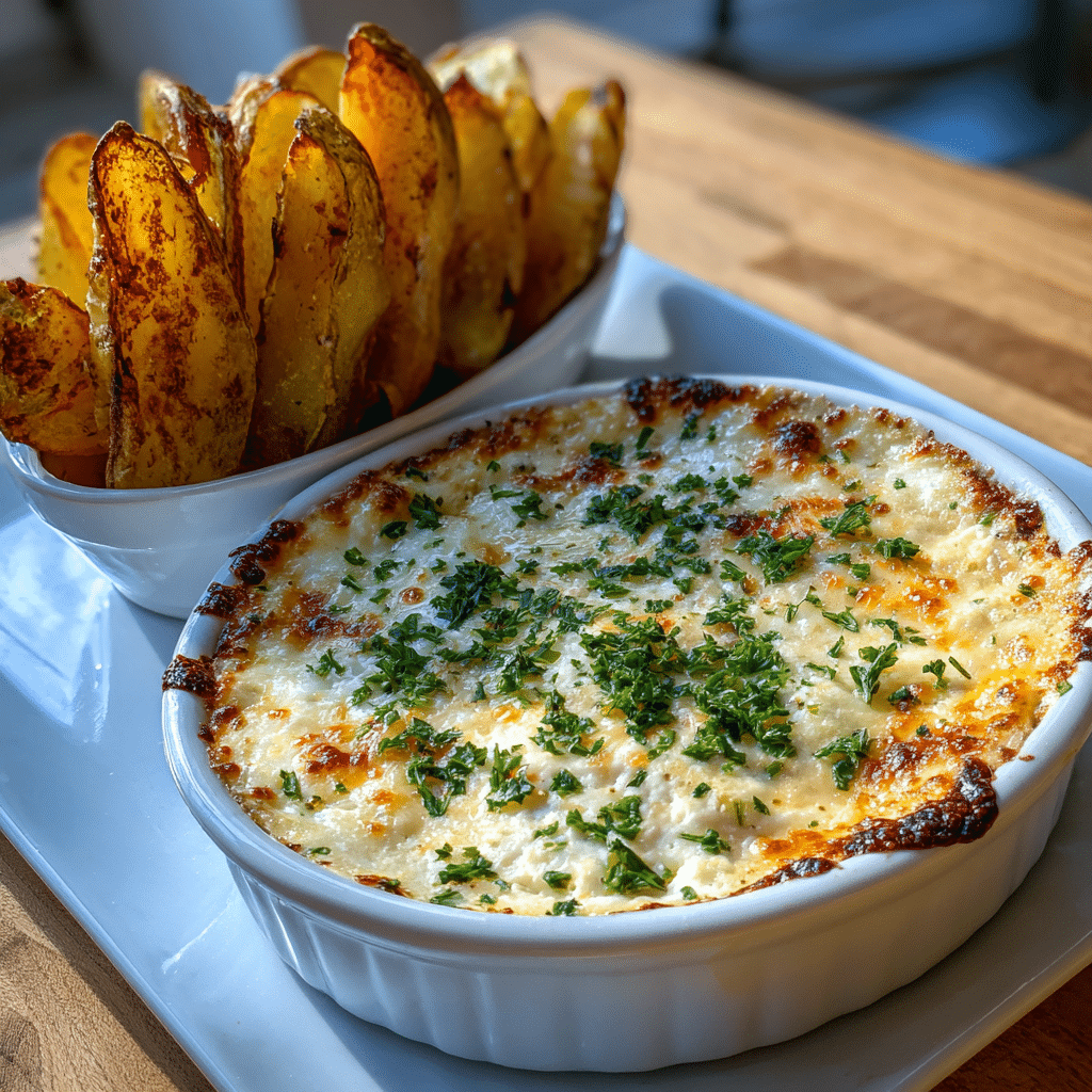 A white round dish filled with a baked creamy dip that has a golden-brown bubbly melted cheese top sprinkled with green parsley bits, showing a creamy texture underneath the browned cheese layer; behind it, a white oval dish holds thick, golden-brown potato wedges stacked vertically with a crispy texture; everything sits on a wooden table with soft natural light. photo taken with an iphone --ar 4:5 --v 7
