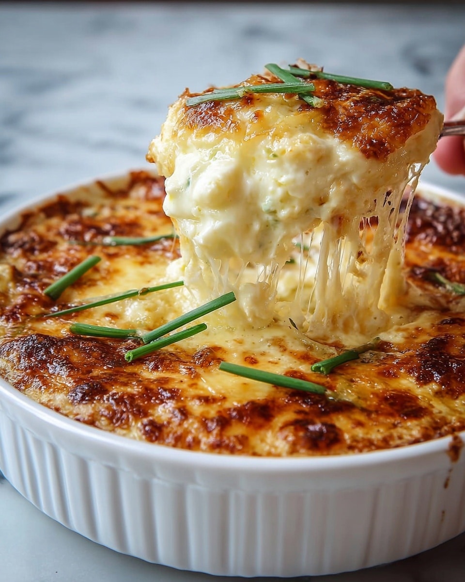 A close-up view of a white ceramic dish filled with a golden-brown baked cheese topping that is slightly crispy and bubbling, garnished with small green chive slices scattered on top; a large, gooey portion of melted cheese is being lifted from the center showing thick, stretchy cheese strands with a creamy white inside beneath the browned crust, all set against a white marbled texture in the background, with a woman's hand holding the dish. photo taken with an iphone --ar 4:5 --v 7