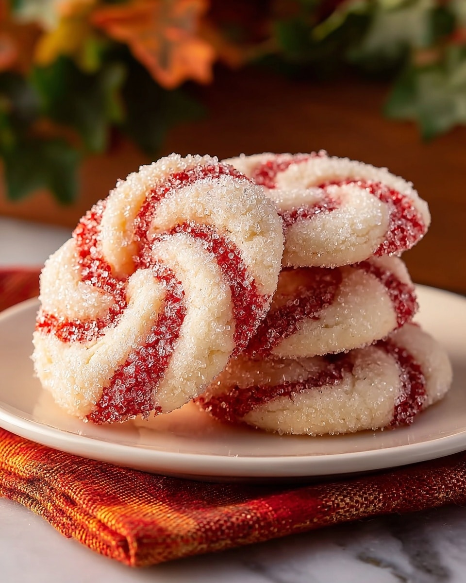 Four round cookies with white dough and red swirled stripes are stacked on a white plate. Each cookie is covered with fine granulated sugar, adding a sparkling texture on top. The cookies have a slightly rough and sugary surface with a soft, baked appearance. The plate sits on a folded orange and brown cloth on a white marbled textured surface. The background is slightly blurry with warm tones. photo taken with an iphone --ar 4:5 --v 7